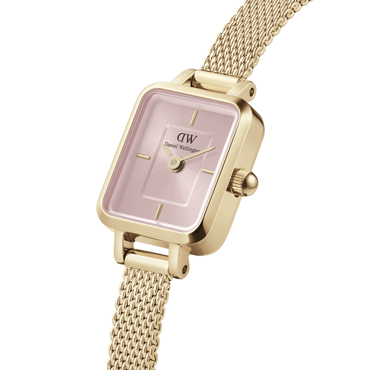 Quadro Mini Evergold Blush women’s watch featuring a rectangular gold case, blush pink sunray dial, minimalist index markers, and an elegant gold mesh strap with a fabric-like texture.