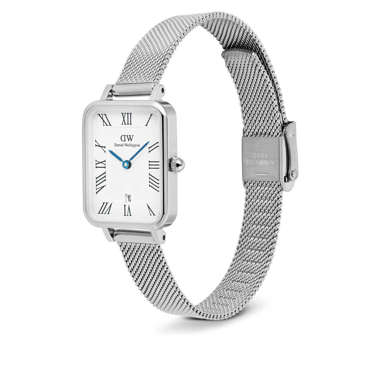 Quadro Sterling Roman Numerals Date watch featuring a rectangular white guilloché dial with Roman numerals, blue hands, a date window at six o’clock, and an adjustable polished silver mesh strap.