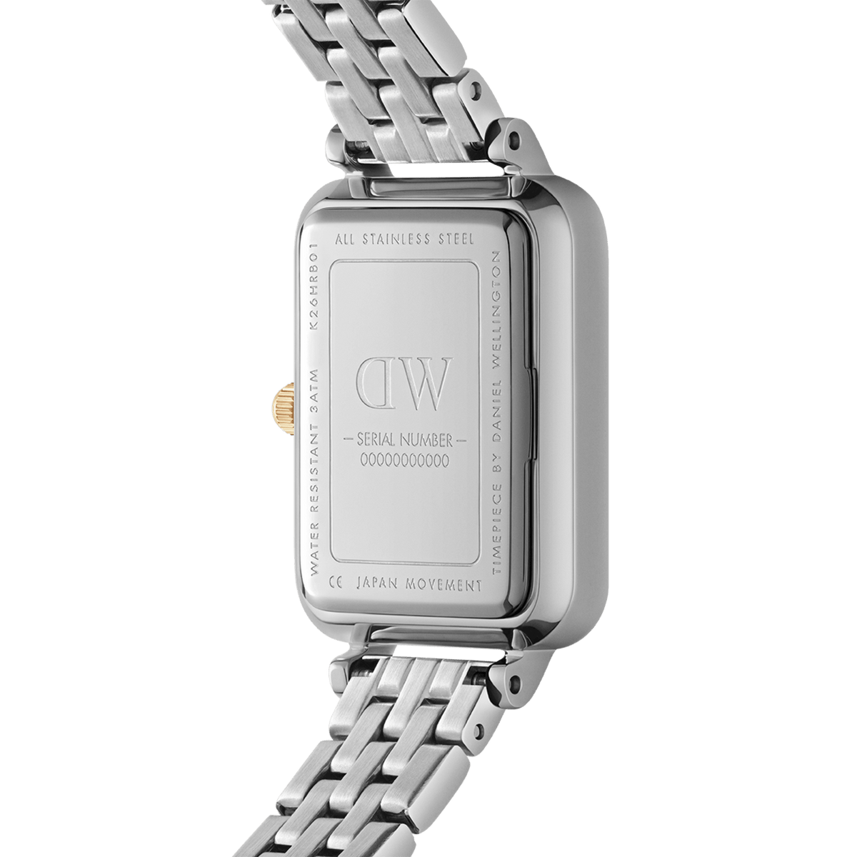 Back view of Quadro Lumine Bezel watch showing stainless steel case, engraved details, and two-tone 5-link bracelet.