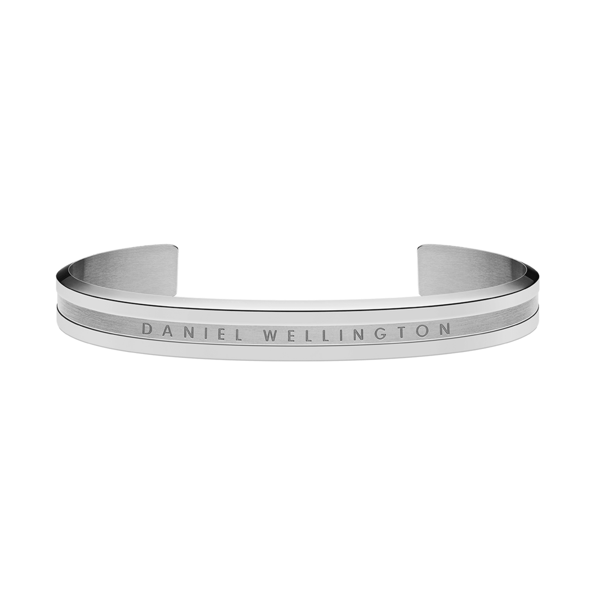 Minimalist Daniel Wellington Elan Bracelet in polished silver stainless steel, featuring a curved open cuff design with a brushed centre and engraved branding.