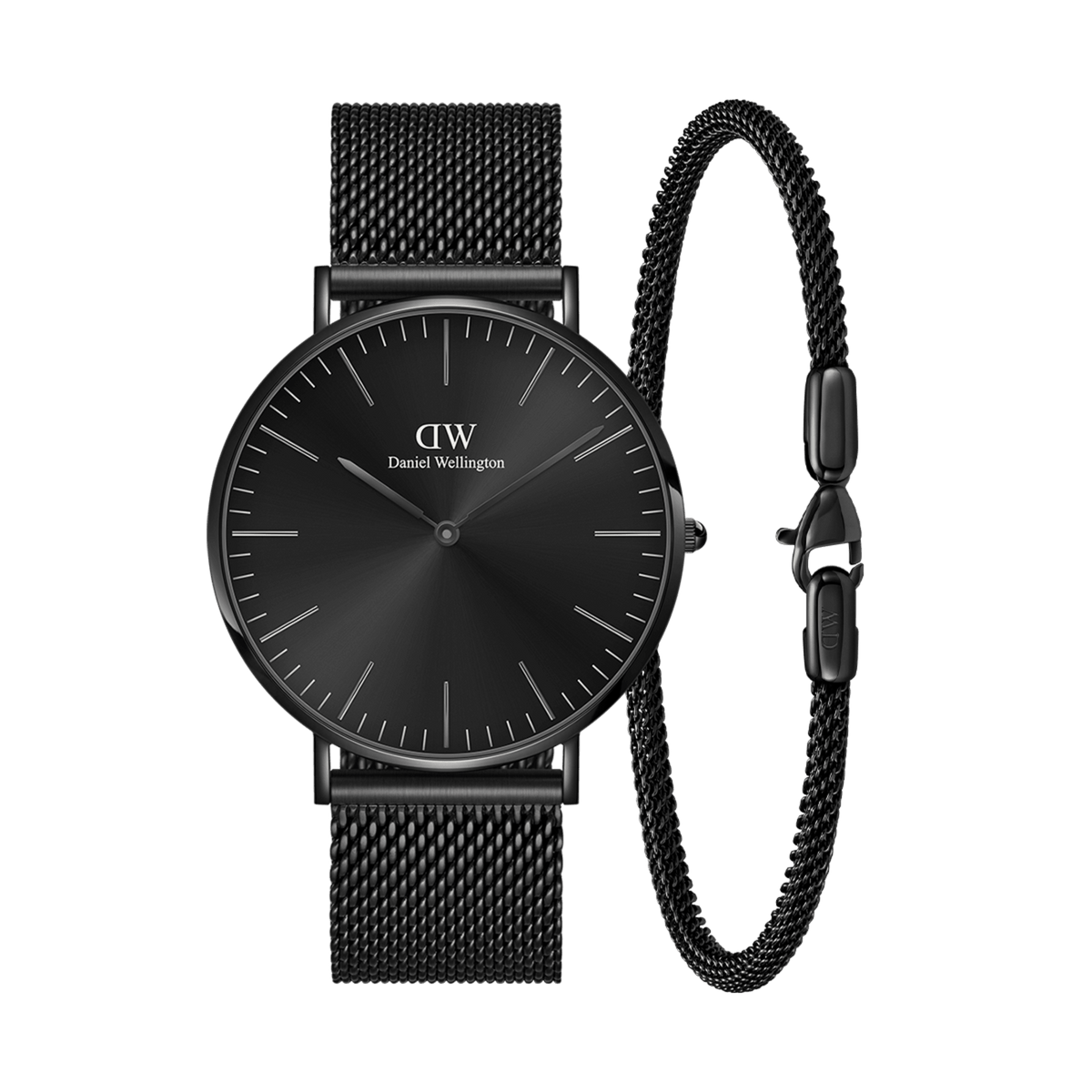 Sleek Daniel Wellington Classic and Tide Mesh Ashfield Set featuring a minimalist black watch with a sunray dial and matching black stainless steel mesh strap, paired with a coordinating black mesh bracelet for a refined, modern look.