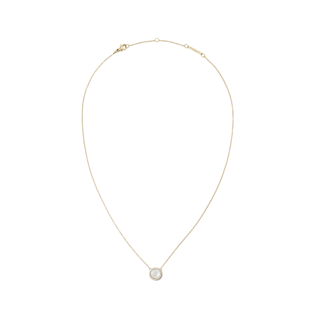 Gold Audrey Necklace with round mother of pearl pendant and cubic zirconia accents on a fine adjustable chain.