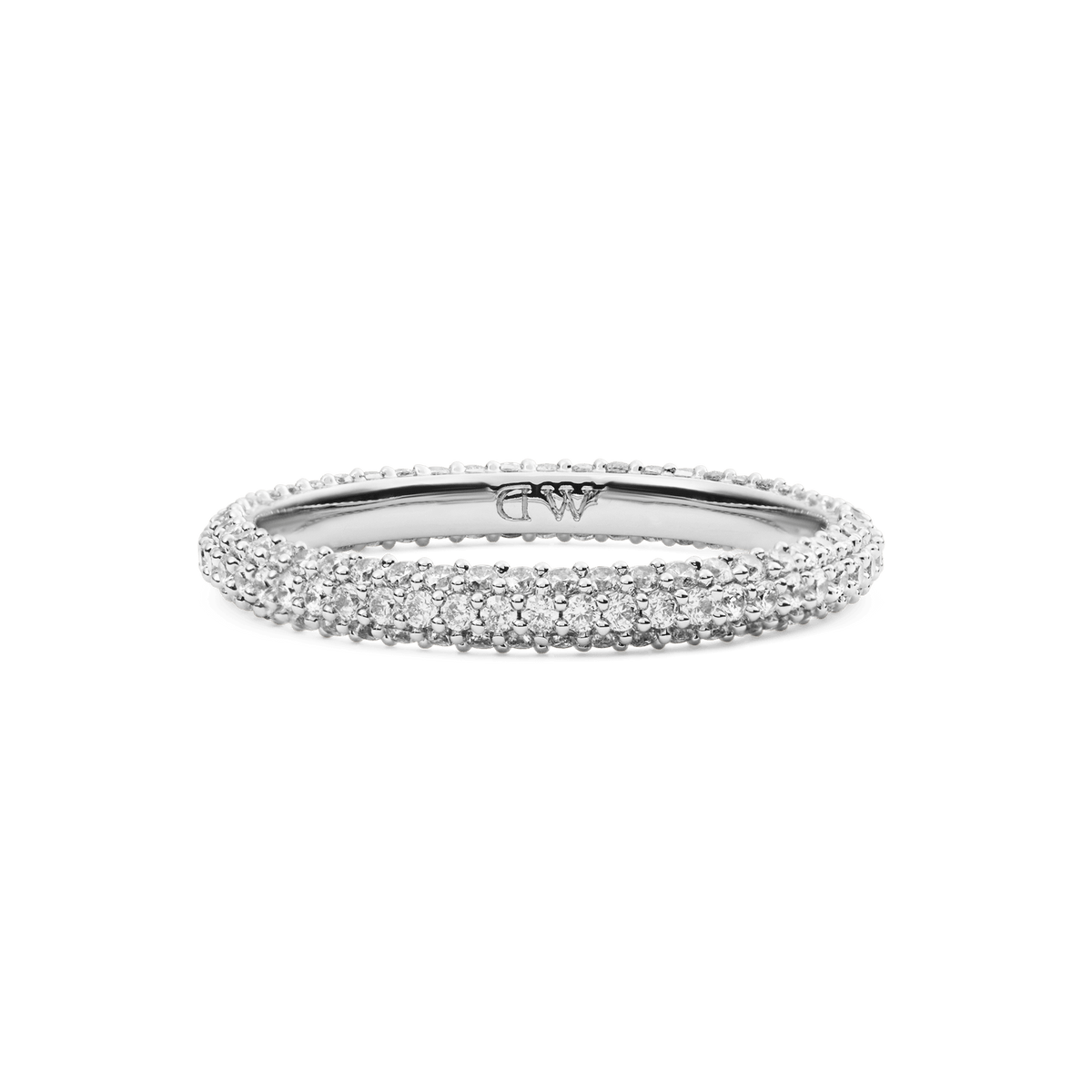 Pavé Ring Silver 3 mm featuring a slim rhodium-plated band set with three rows of sparkling white cubic zirconia crystals and subtle DW branding on the inside.