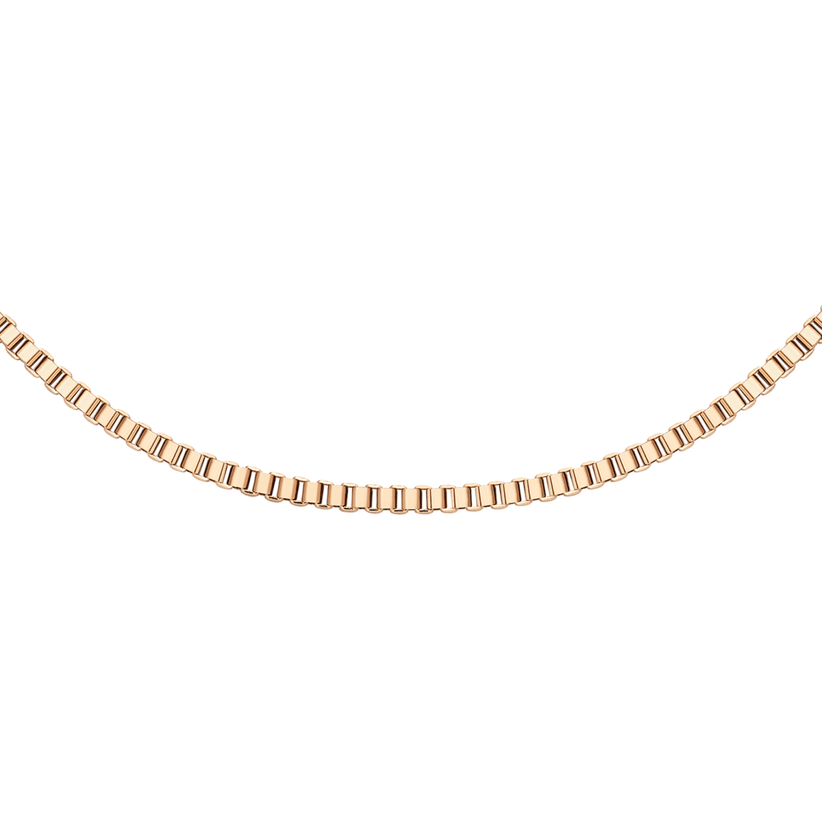 Rose gold box chain necklace with a polished, minimalist design and subtle shimmer, crafted from stainless steel.