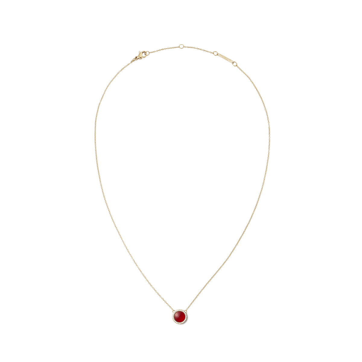 Gold-plated necklace featuring a fine chain and a central domed red agate pendant, encircled by a delicate halo of white cubic zirconia crystals.