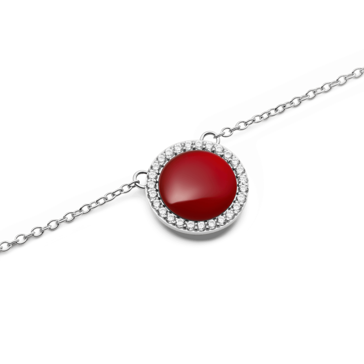 Close-up of Audrey Necklace Red Agathe Silver featuring a domed red agate pendant with cubic zirconia on a fine silver chain.
