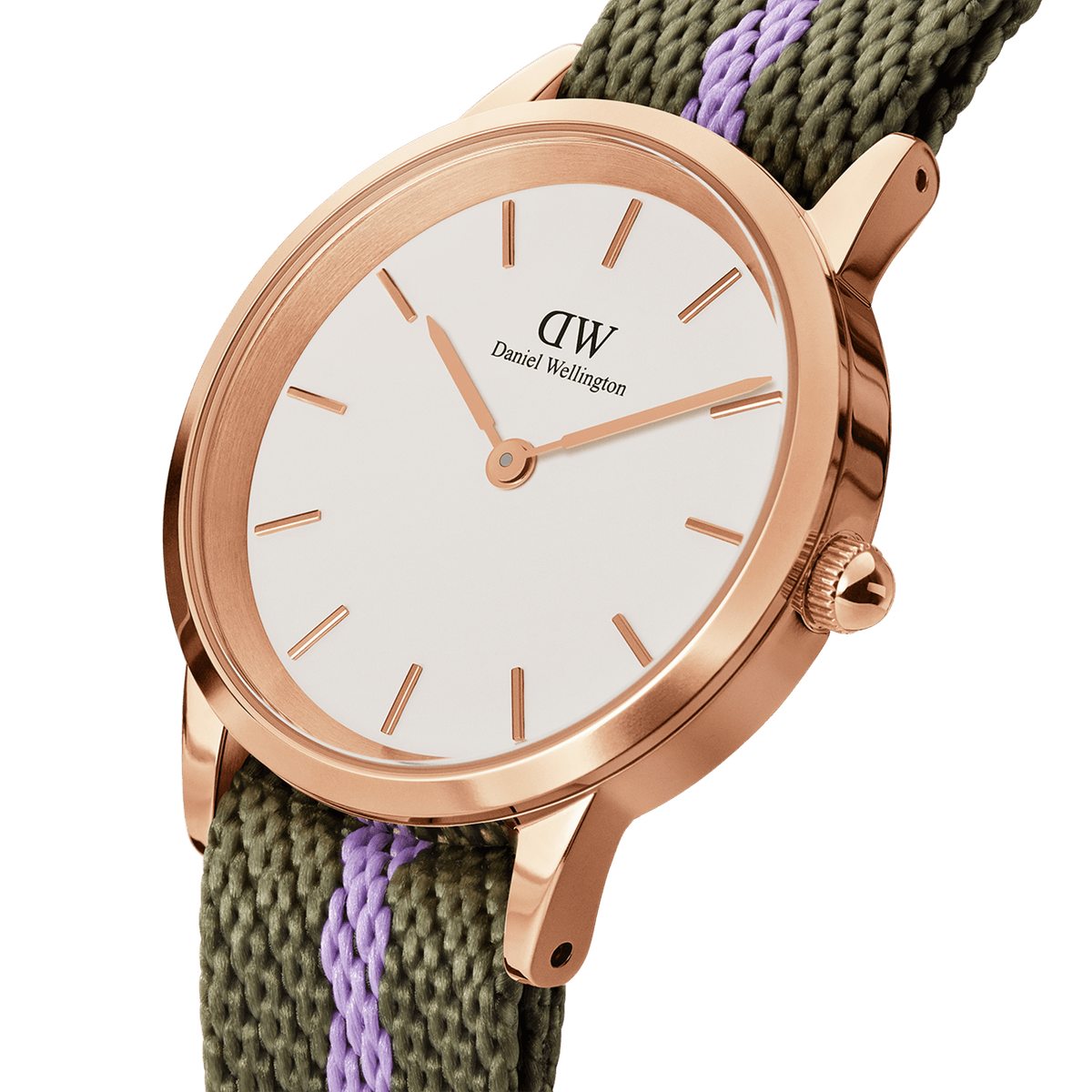 Daniel Wellington Iconic NATO Green/Purple Rose Gold watch with a 28mm rose gold case, minimalist eggshell white dial, and a green recycled nylon strap featuring a purple stripe.