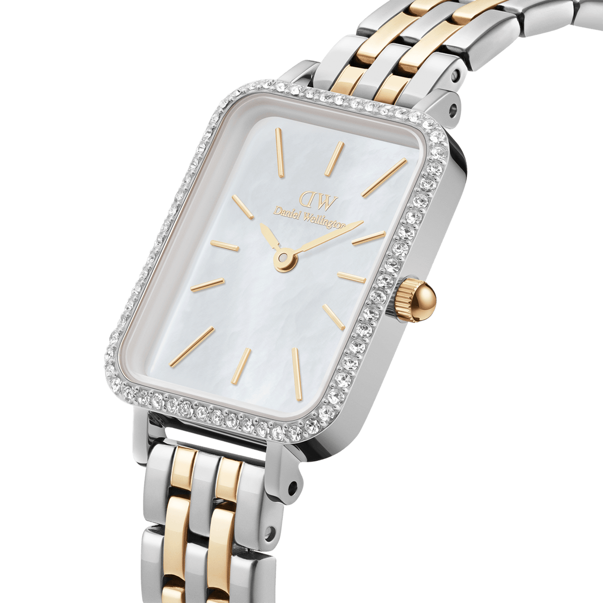Quadro Lumine Bezel women’s watch with white mother of pearl dial, crystal-set bezel, and two-tone gold and silver bracelet.