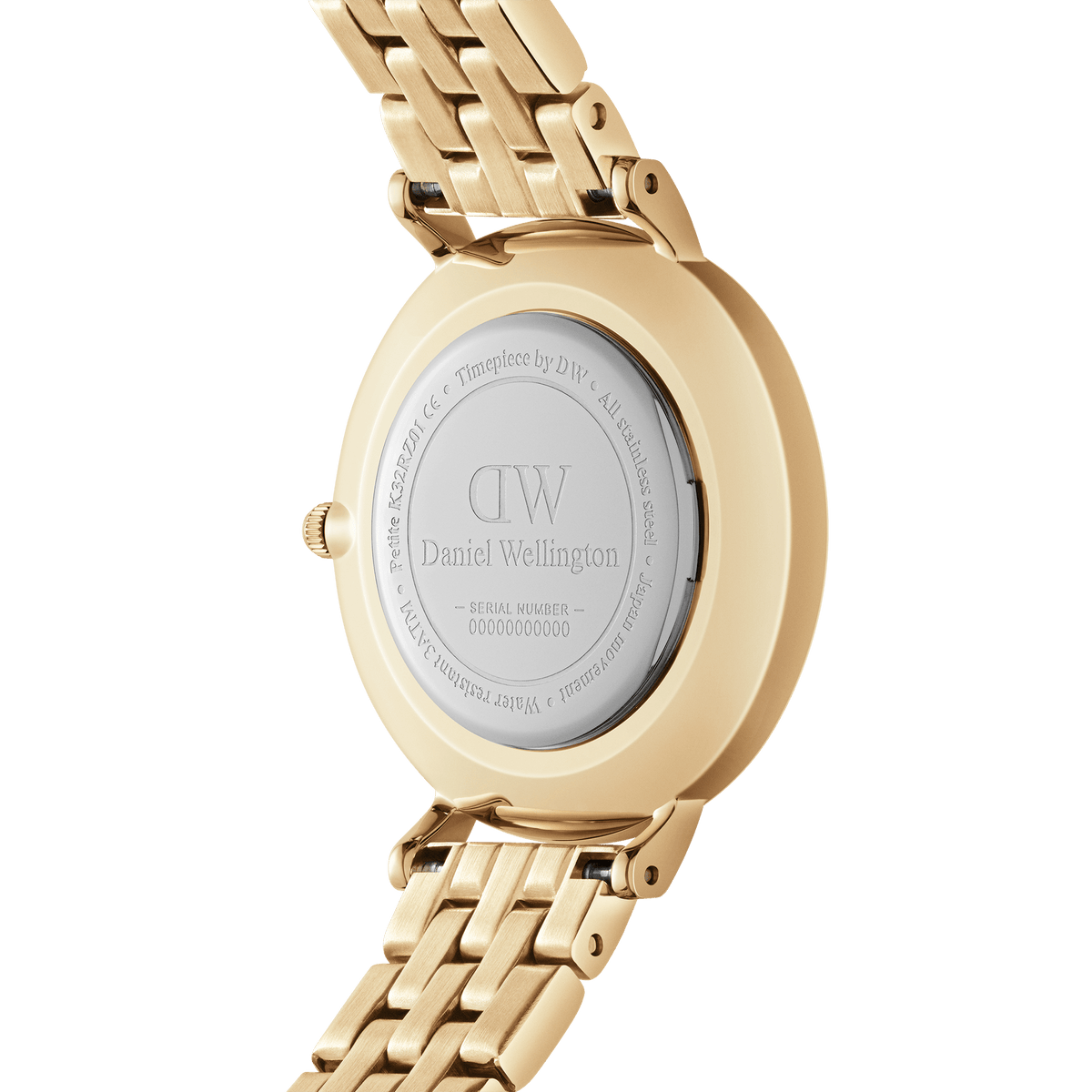 Back view of Daniel Wellington Petite Roman Numerals 5-Link Gold watch with engraved stainless steel case and gold bracelet.