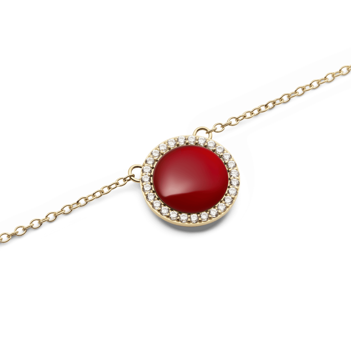 Close-up of the Audrey Necklace Red Agathe Gold, showcasing a domed red agate stone encircled by a halo of white cubic zirconia crystals on a fine gold-plated chain.