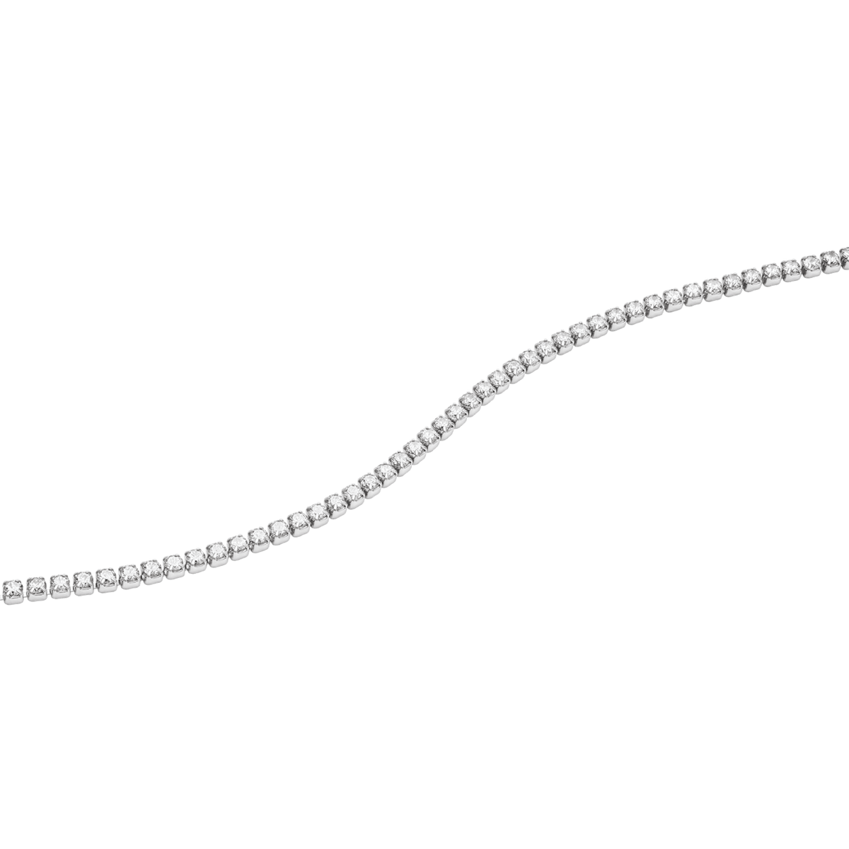 Classic Tennis Bracelet Silver featuring a continuous row of individually set cubic zirconia crystals in polished 316L stainless steel, shown in a gently curved position to highlight its flexible and elegant design.