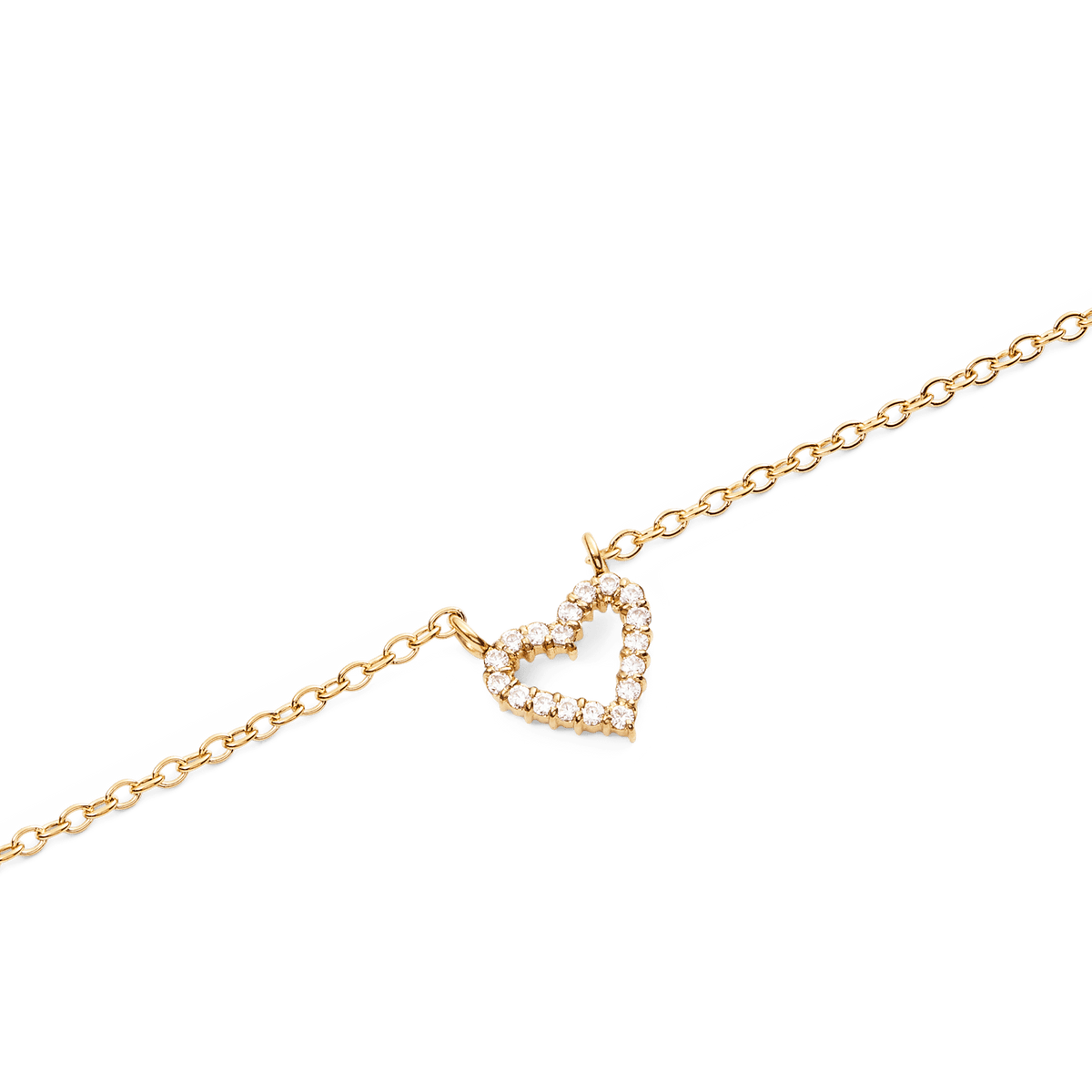 Close-up of the Mirelle Heart Necklace Gold, featuring a fine gold chain and an open heart pendant set with sparkling white cubic zirconia crystals for a refined, elegant finish.