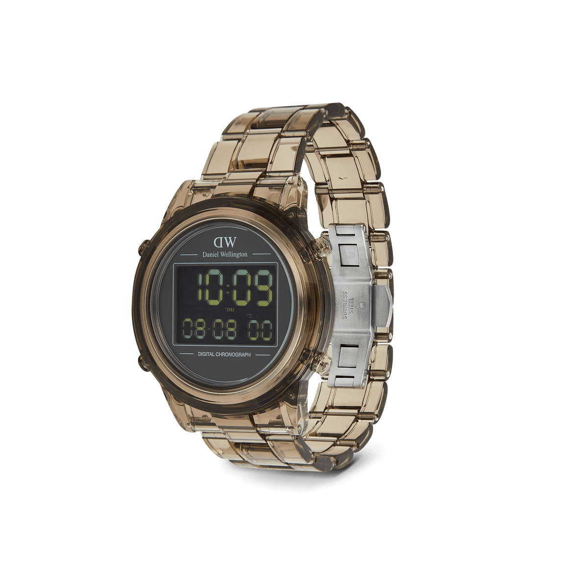 Daniel Wellington Retro Digital Dark Brown watch featuring a transparent brown bio-based plastic case, matching link strap, stainless steel butterfly buckle, and a clear black digital dial with dual time display.