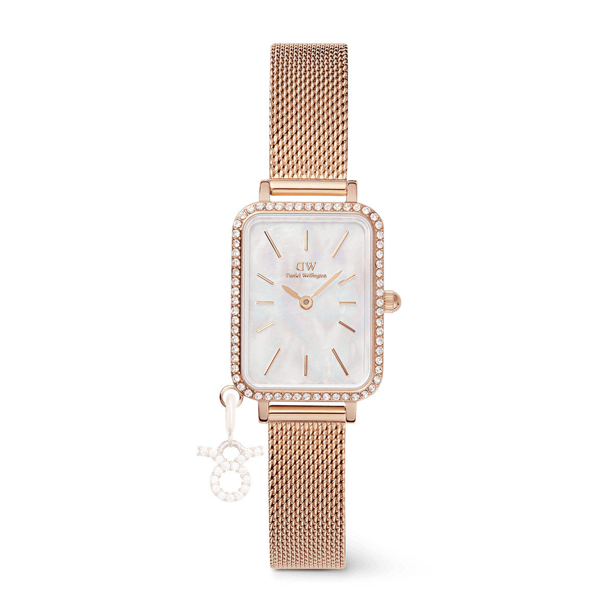 Rose gold rectangular women’s watch with a sparkling crystal bezel, mother of pearl dial, and a mesh strap featuring a detachable zodiac charm.