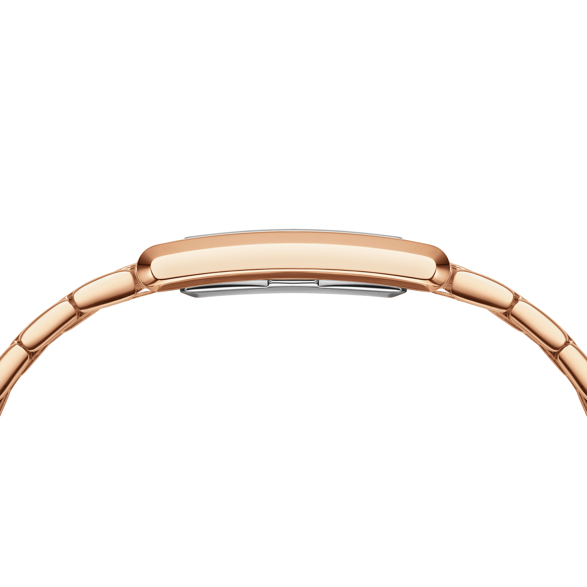 Side profile of the Bound 9-Link Emerald Sunray watch highlighting its slim rectangular rose gold case and polished 9-link bracelet.