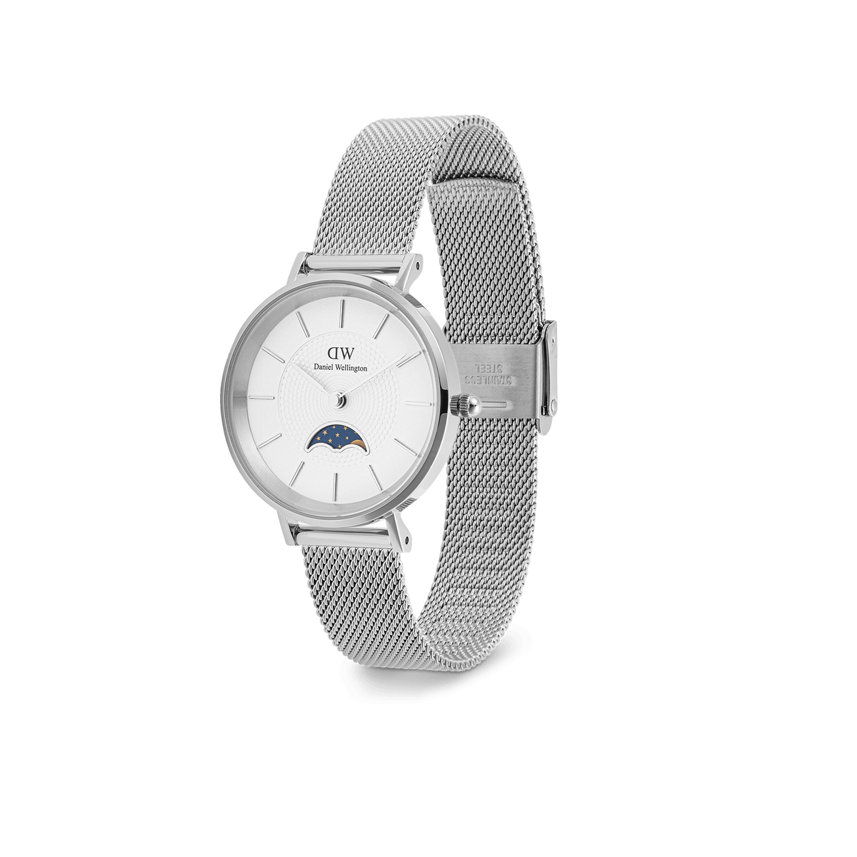 Petite Lune Sterling watch with a silver stainless steel mesh strap, minimalist white dial, and moon phase sub-dial.