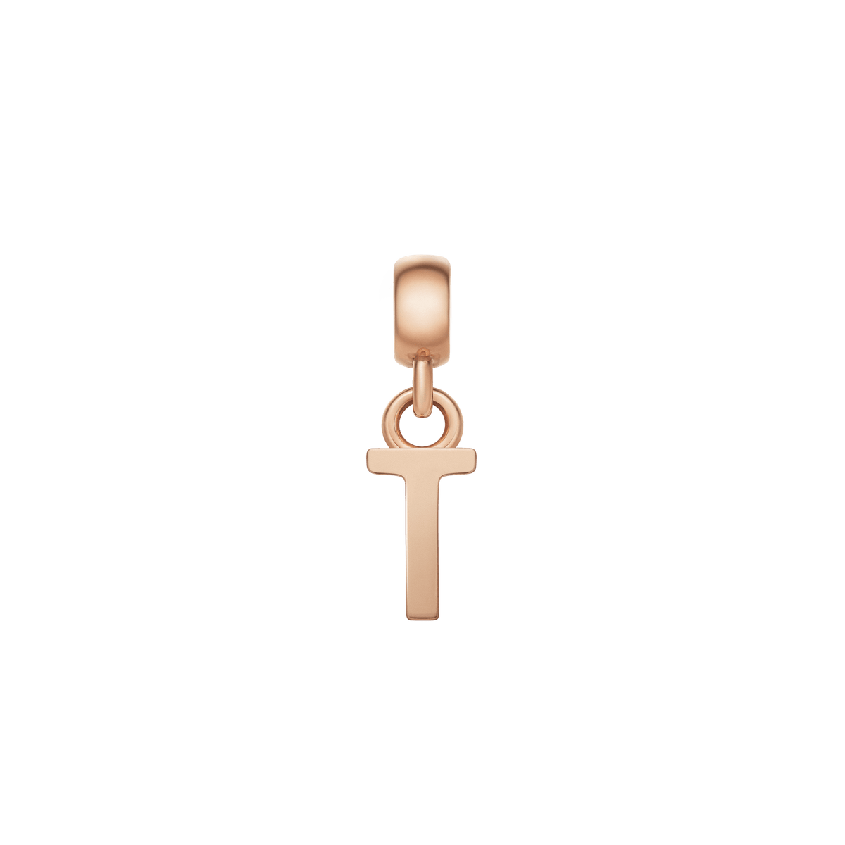 Rose gold letter T charm with a sleek, polished finish and minimalist design, perfect for adding a personalised detail to charm bracelets or necklaces.