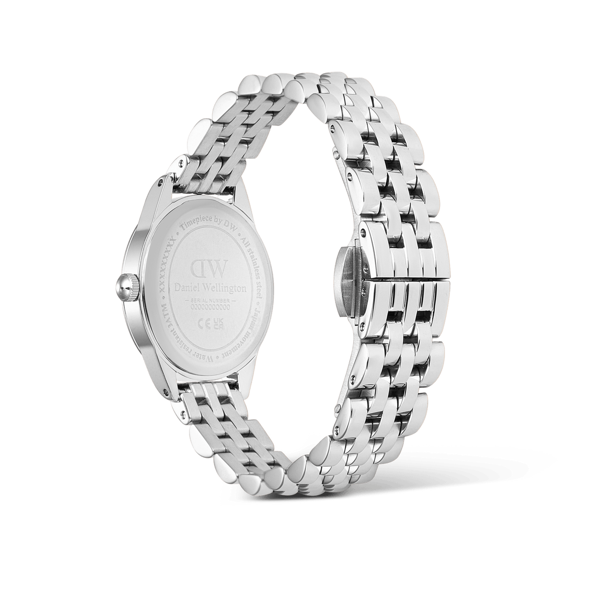 Back view of Ophelia Mini Arctic Silver women’s watch showing engraved case and polished stainless steel 5-link bracelet.