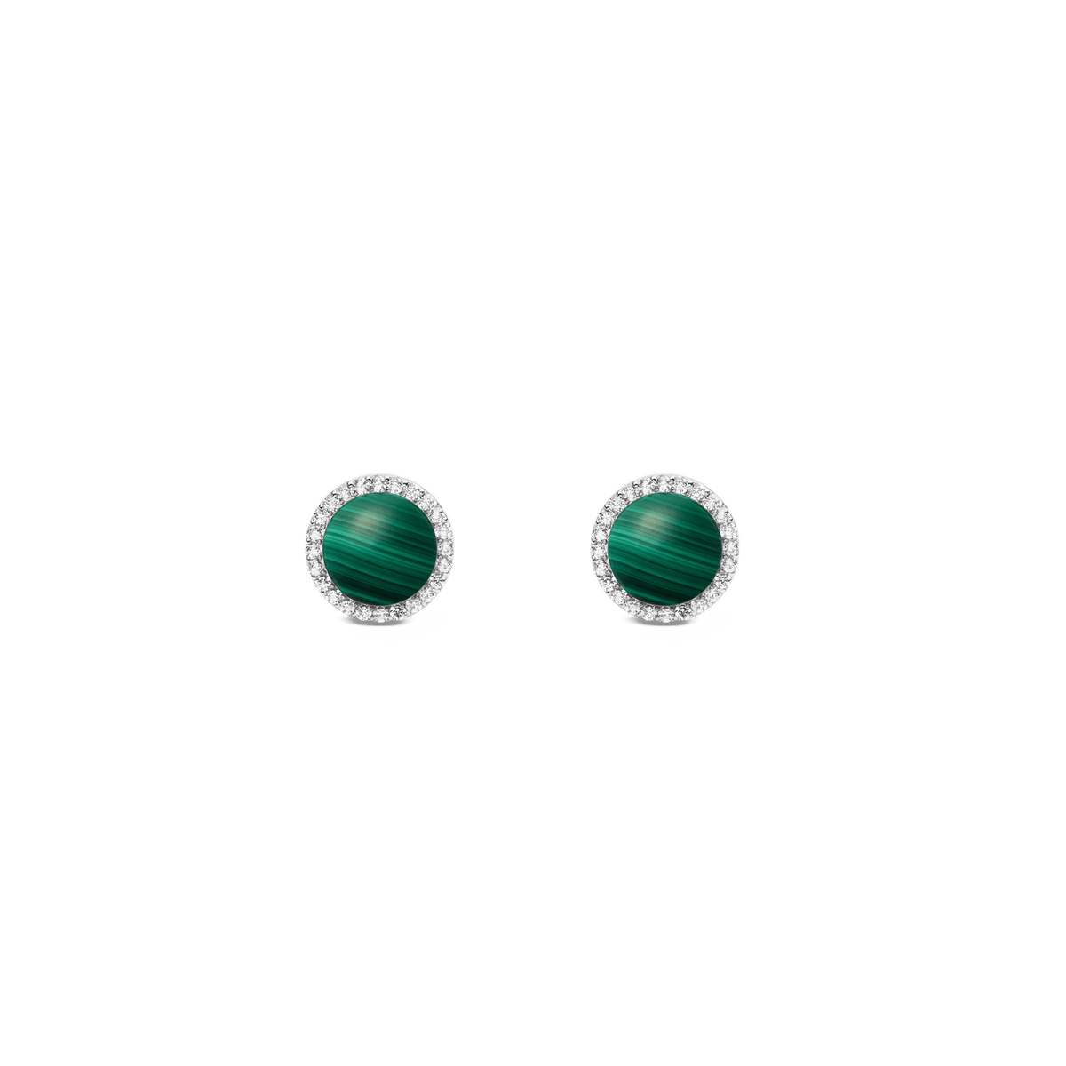 Silver stud earrings with round green malachite centre and cubic zirconia halo, Daniel Wellington Audrey collection.