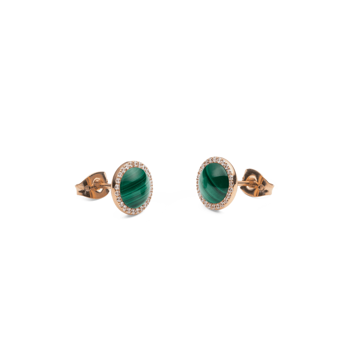 Audrey Earrings in rose gold with round green malachite centre and cubic zirconia halo, butterfly back fastening.
