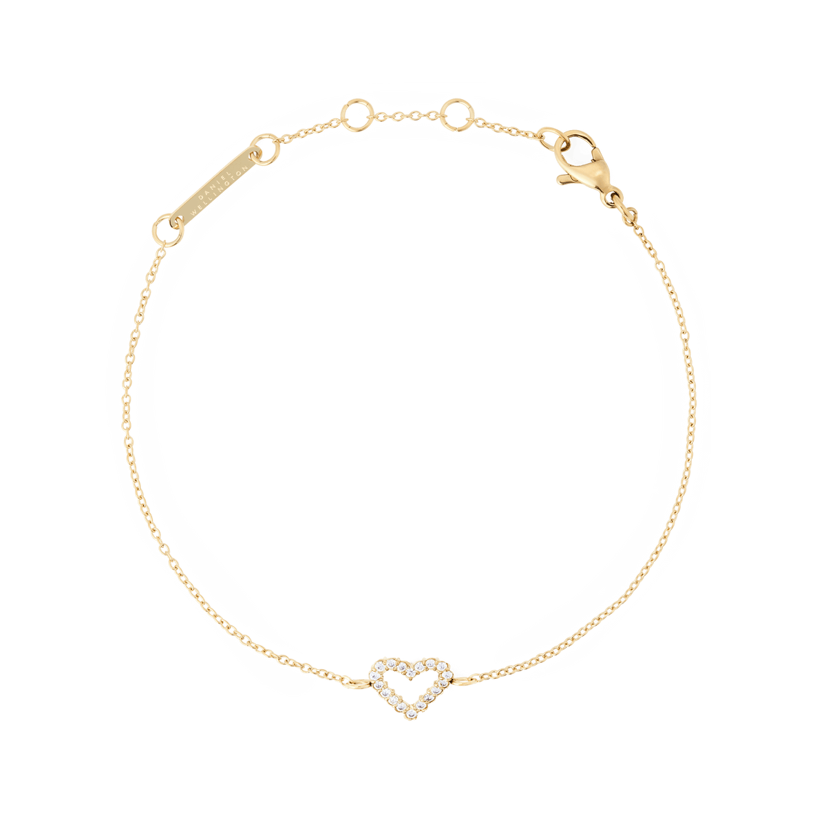 Delicate gold bracelet featuring a fine adjustable chain and an open heart charm set with white cubic zirconia crystals, designed for a refined and elegant look.