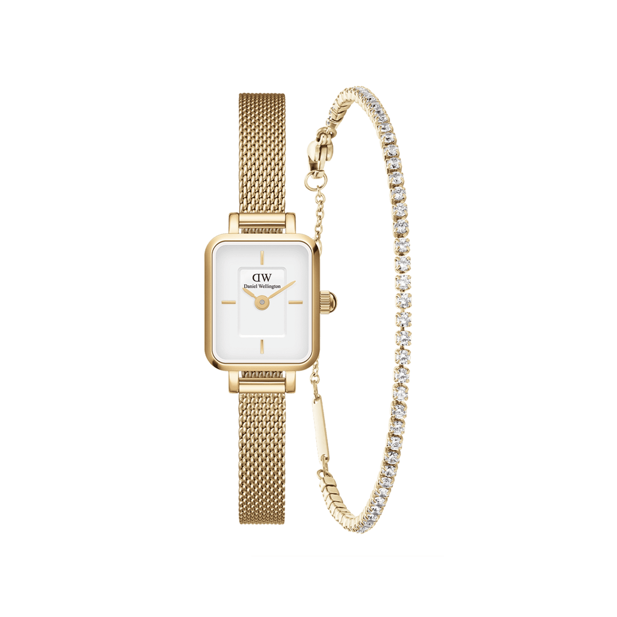 Gold Daniel Wellington Quadro Mini watch with a rectangular white dial and mesh strap, paired with a slender gold tennis bracelet featuring a row of sparkling stones.
