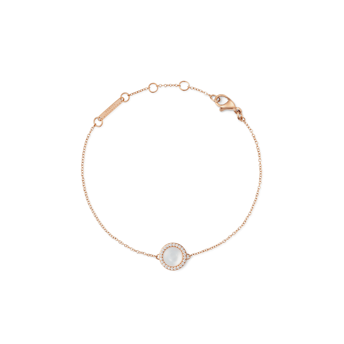 Rose gold Audrey bracelet with domed Mother of Pearl charm and cubic zirconia accents on a fine adjustable chain.