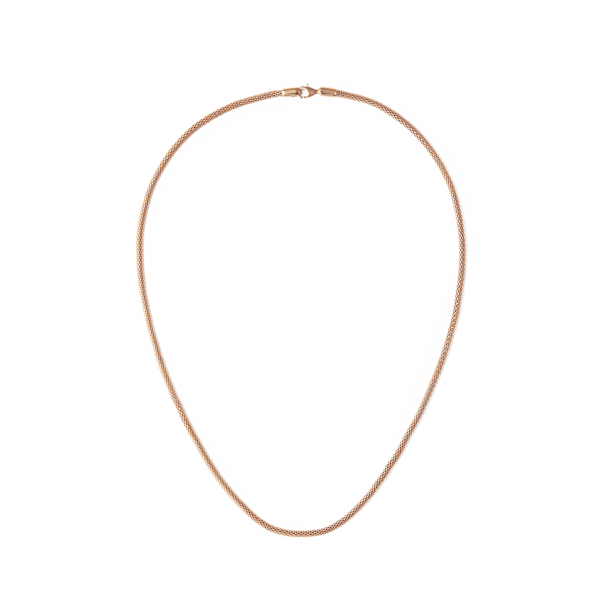 Rose gold mesh necklace with a sleek, lightweight chain and secure lobster clasp, crafted from stainless steel and finished with a subtle shimmer. The unisex design offers a refined, modern look suitable for layering or wearing alone.