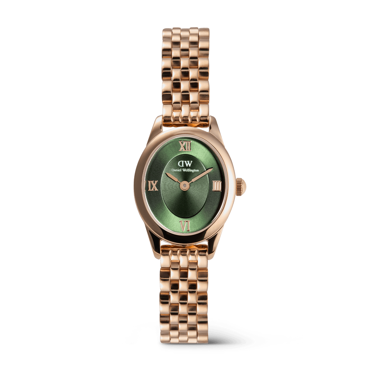 Petite rose gold women’s watch with an oval case, emerald green sunray dial, Roman numerals, and a polished beans link bracelet with butterfly clasp.