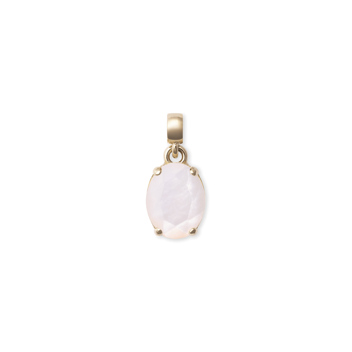 Oval gold charm featuring a genuine mother of pearl stone with a soft iridescent finish, set in a delicate gold-plated frame and designed for easy attachment to necklaces or bracelets.