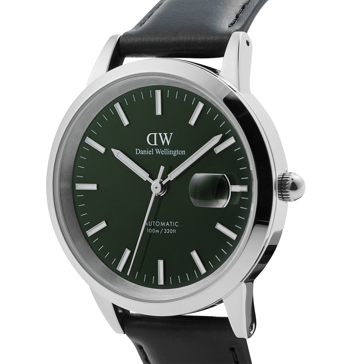 Daniel Wellington Iconic Sheffield Automatic Silver watch with an emerald green enamel dial, polished silver stainless steel case, magnified date display, and black Italian leather strap.