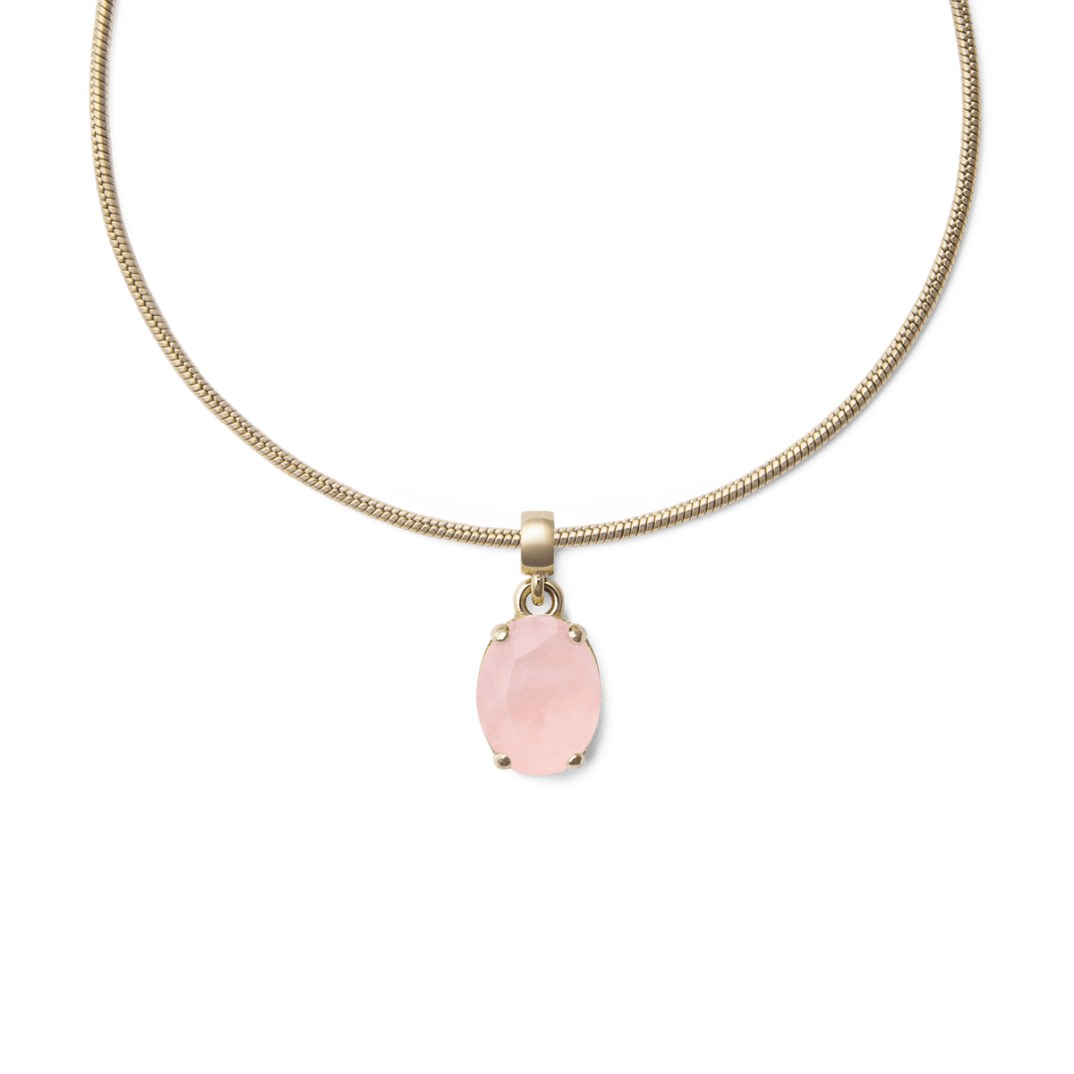 Gold necklace featuring an oval rose quartz charm with a softly faceted pink gemstone set in a gold-plated frame, offering a refined and elegant accent for everyday wear.