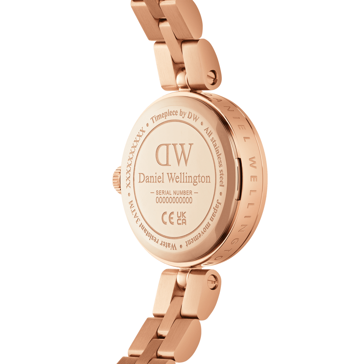 Back view of the Elan Lumine Unitone Rose Gold watch, showing the engraved Daniel Wellington branding, stainless steel case, and three-link rose gold bracelet.