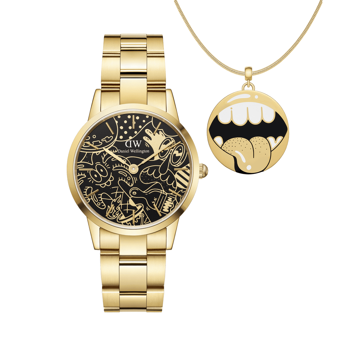 Gold Daniel Wellington watch with a black dial featuring Steven Harrington’s playful illustrations, paired with a matching gold pendant necklace displaying a bold graphic mouth motif. The set showcases a modern, artistic design with a polished gold link strap and a distinctive, creative touch.