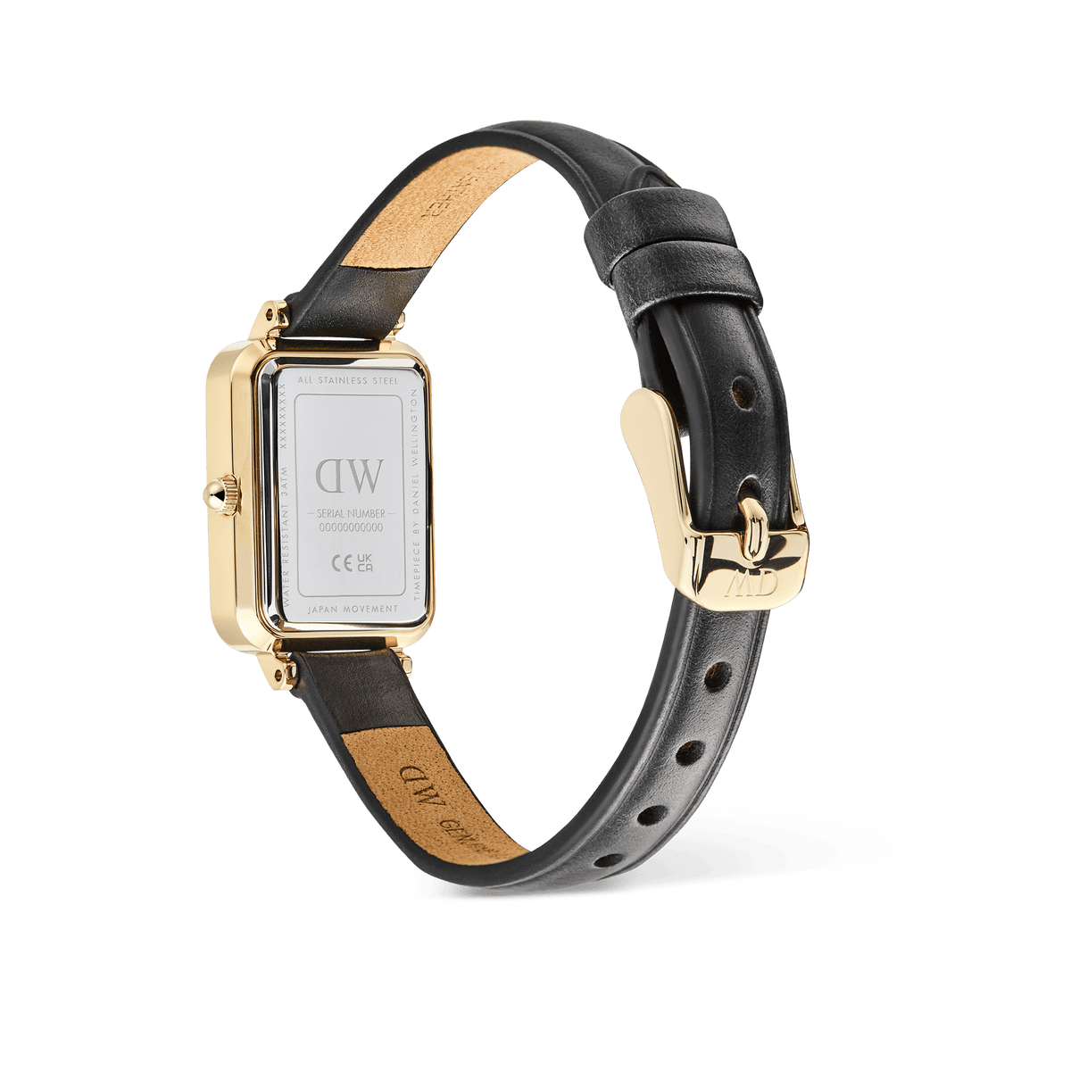 Rear view of the Quadro Roman Numerals Date Sheffield Gold watch, showing the engraved stainless steel case back, black leather strap, and gold buckle with DW branding.