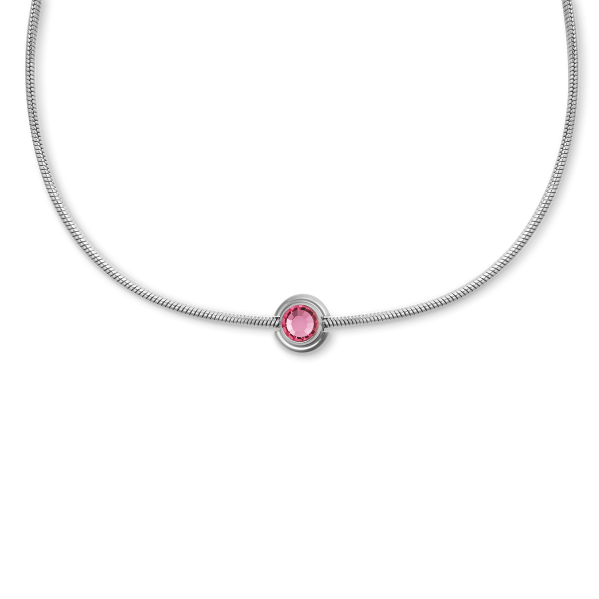 A polished S925 sterling silver snake chain necklace features a delicate charm with a faceted pink crystal centre.