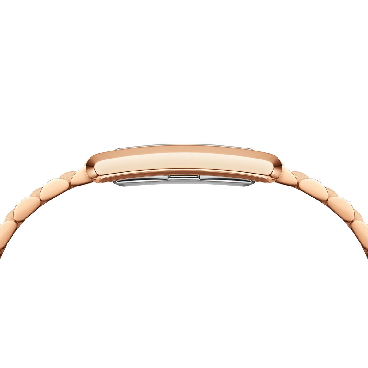 Side profile of the Bound 3-Link Rose Gold watch showing its slim rectangular case and polished rose gold bracelet.