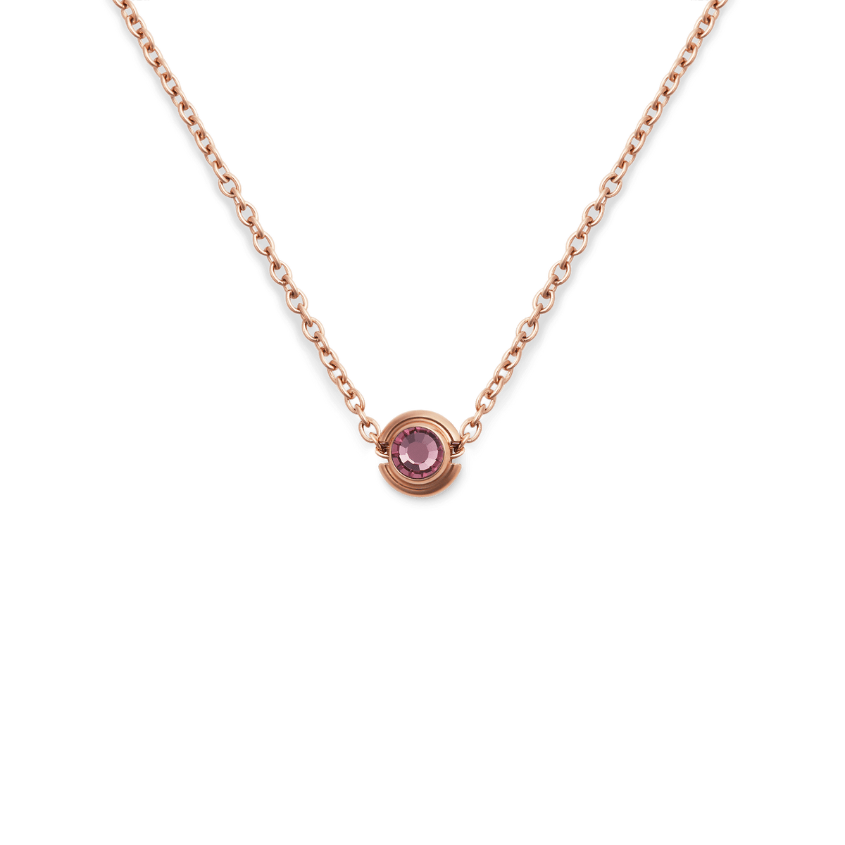 Rose gold necklace featuring the June Charm with a round pink crystal centre set in polished rose gold PVD-plated stainless steel on a delicate chain.