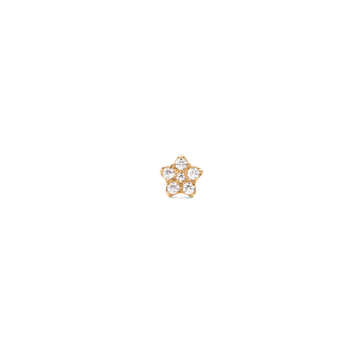 Gold star-shaped stud earring featuring six sparkling cubic zirconia crystals in a claw setting.