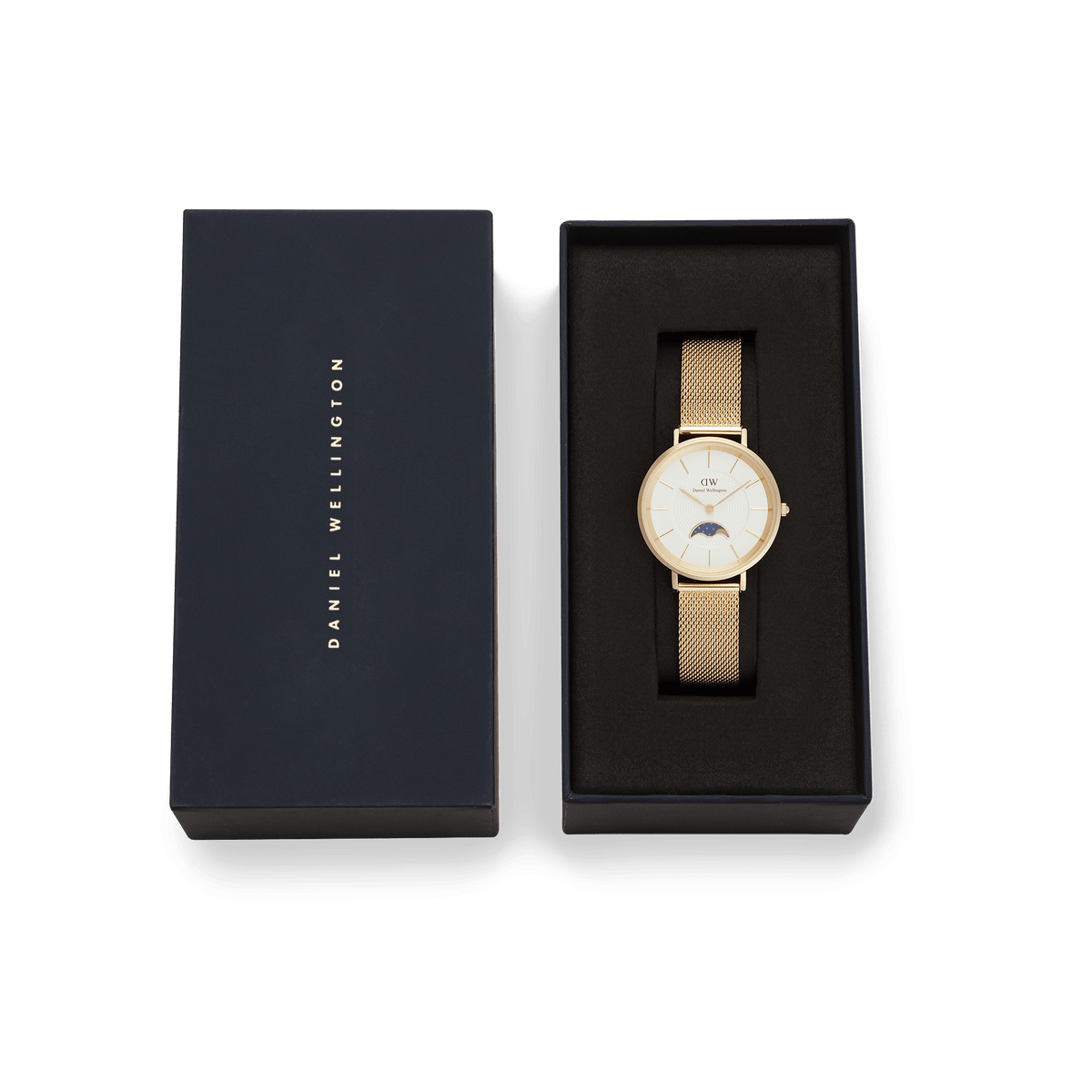 Petite Lune Evergold watch with a gold mesh strap and moon phase dial, elegantly presented in a black Daniel Wellington gift box.
