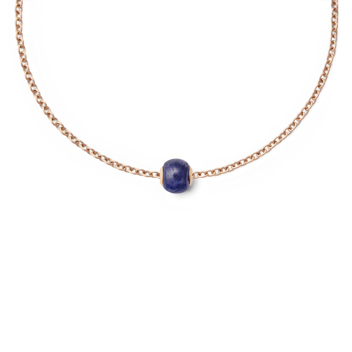 Rose gold chain necklace featuring a single orb-shaped charm made from deep blue semi-precious stone, highlighting minimalist design and elegant colour contrast.