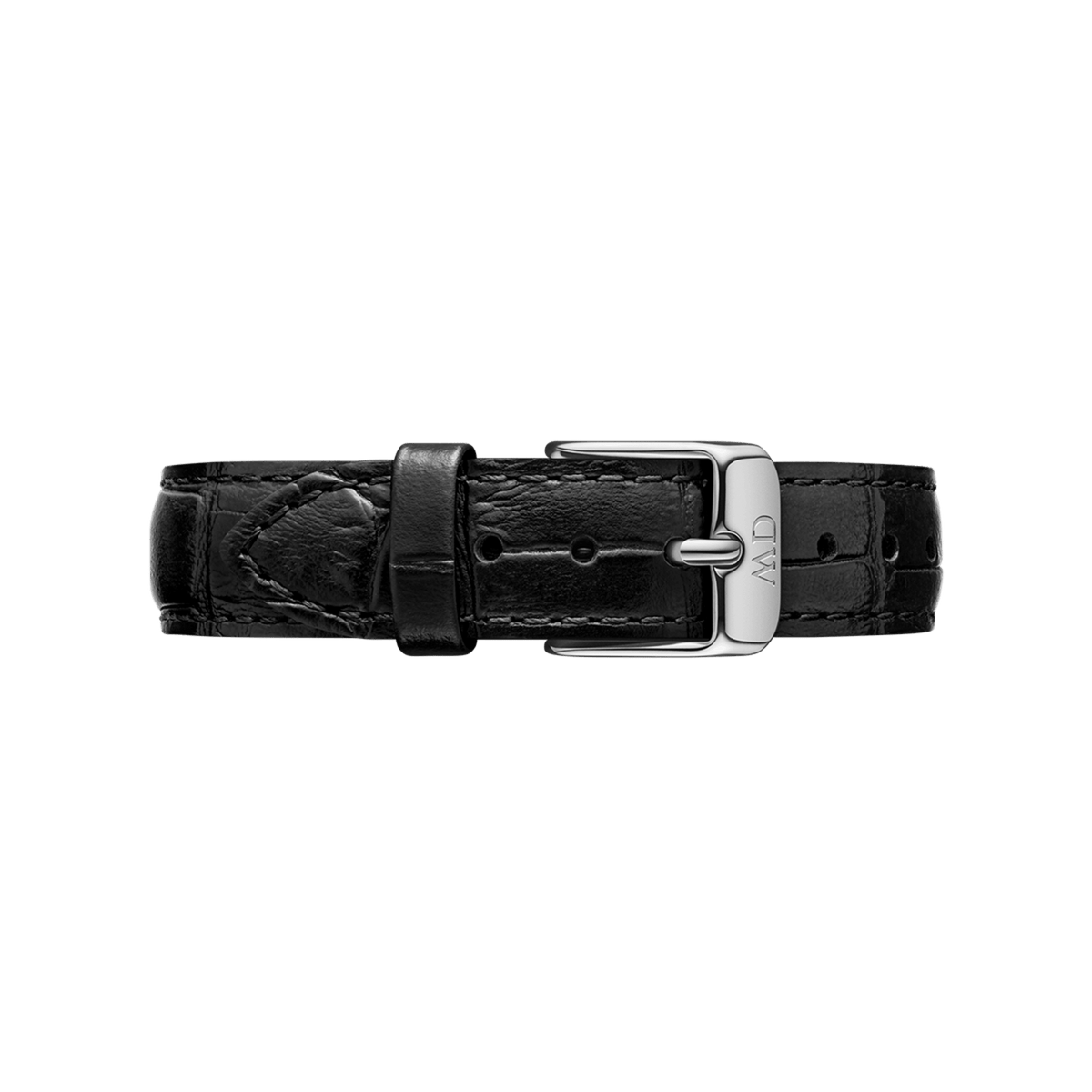 Slim black croc embossed leather watch strap with a polished silver buckle and engraved branding, offering a refined and versatile accessory for both men’s and women’s timepieces.