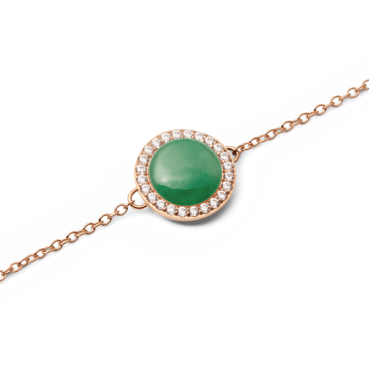 Close-up of Audrey Bracelet Jade Rose Gold featuring a domed green jade centre and sparkling cubic zirconia halo on fine chain.