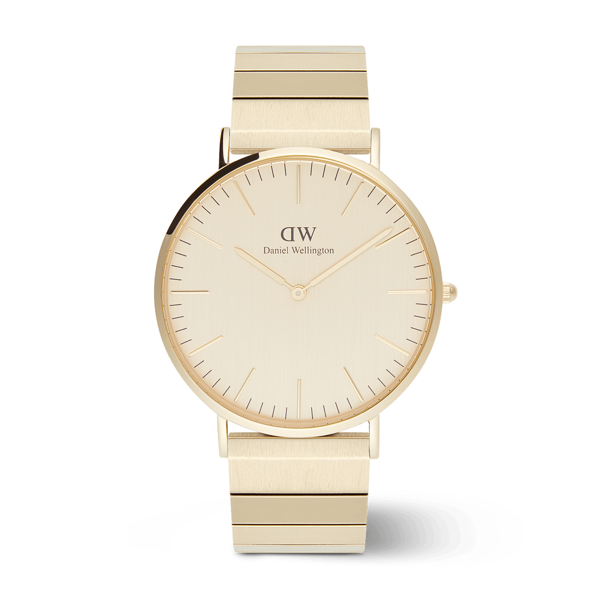 Classic gold Daniel Wellington watch with a brushed gold dial, minimalist face, and distinctive piano link bracelet.