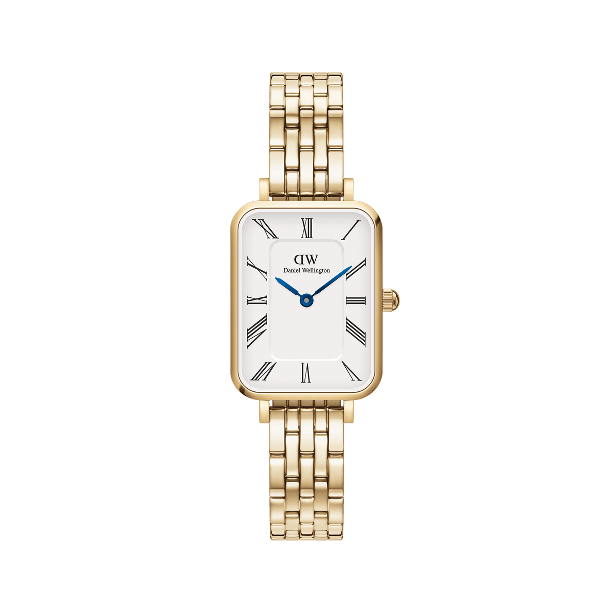 Rectangular gold women’s watch with white Roman numeral dial, blue hands, and a polished 5-link bracelet by Daniel Wellington.