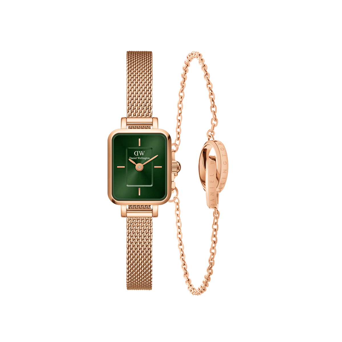 Rectangular Daniel Wellington watch with an emerald green dial and rose gold mesh strap, paired with a delicate rose gold Elan Unity Bracelet, both crafted from polished steel and designed for a refined, contemporary look.