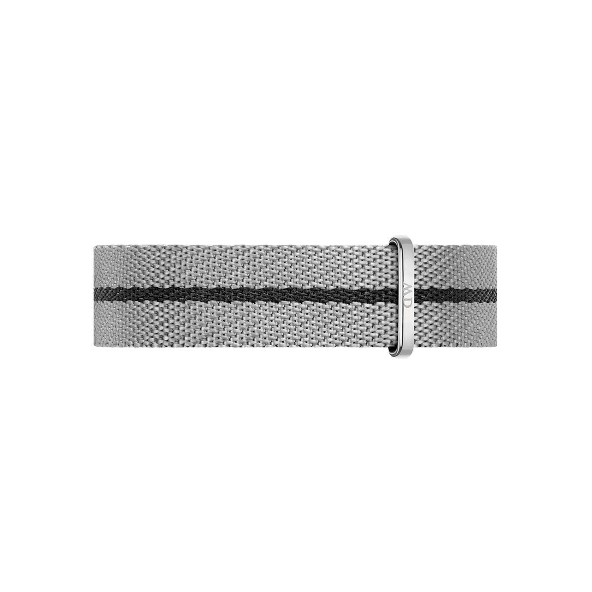 Grey NATO watch strap by Daniel Wellington, crafted from recycled nylon with a black central stripe and polished silver buckle.