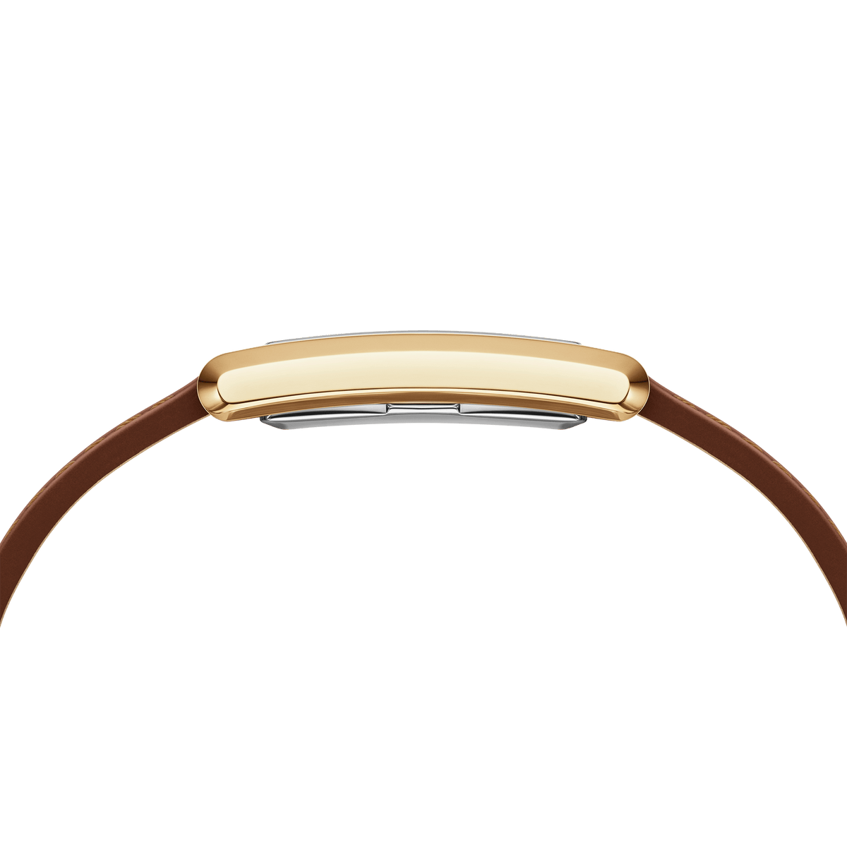 Slim side profile of Bound Durham Gold women’s watch with curved gold case and brown leather strap by Daniel Wellington.