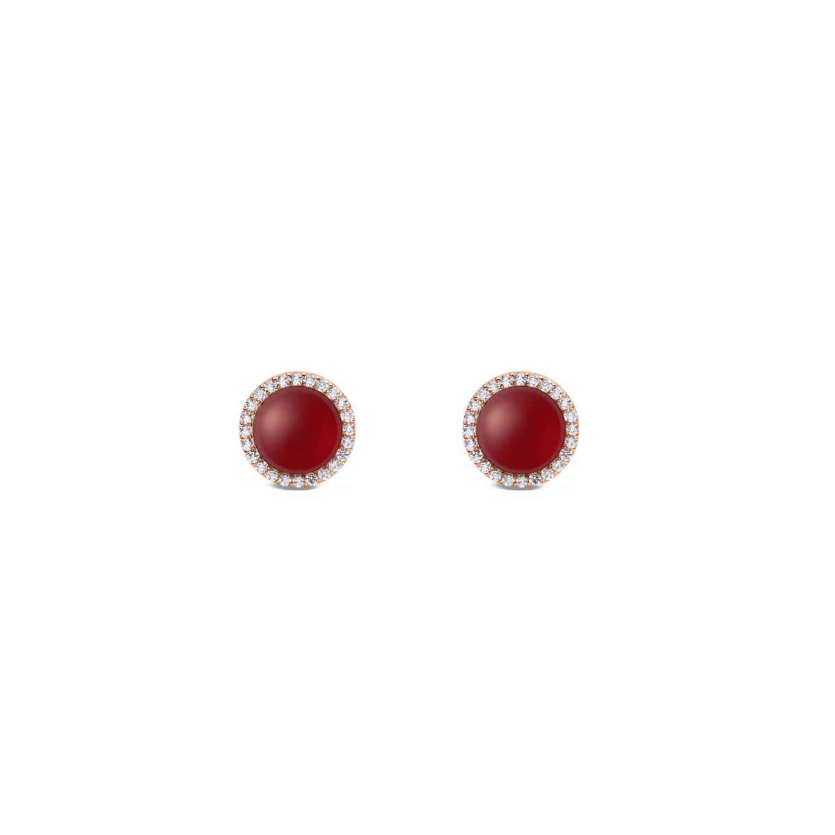 Rose gold stud earrings with round red agate centre and white cubic zirconia halo, elegant and timeless design.