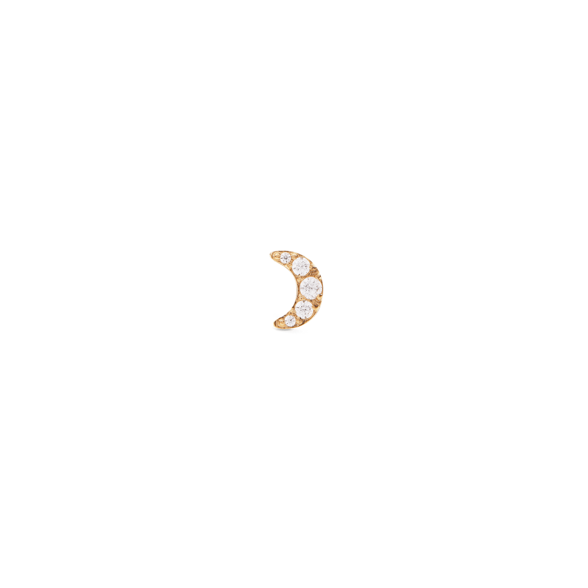 Gold crescent moon stud earring featuring five sparkling cubic zirconia crystals in a delicate, minimalist design.